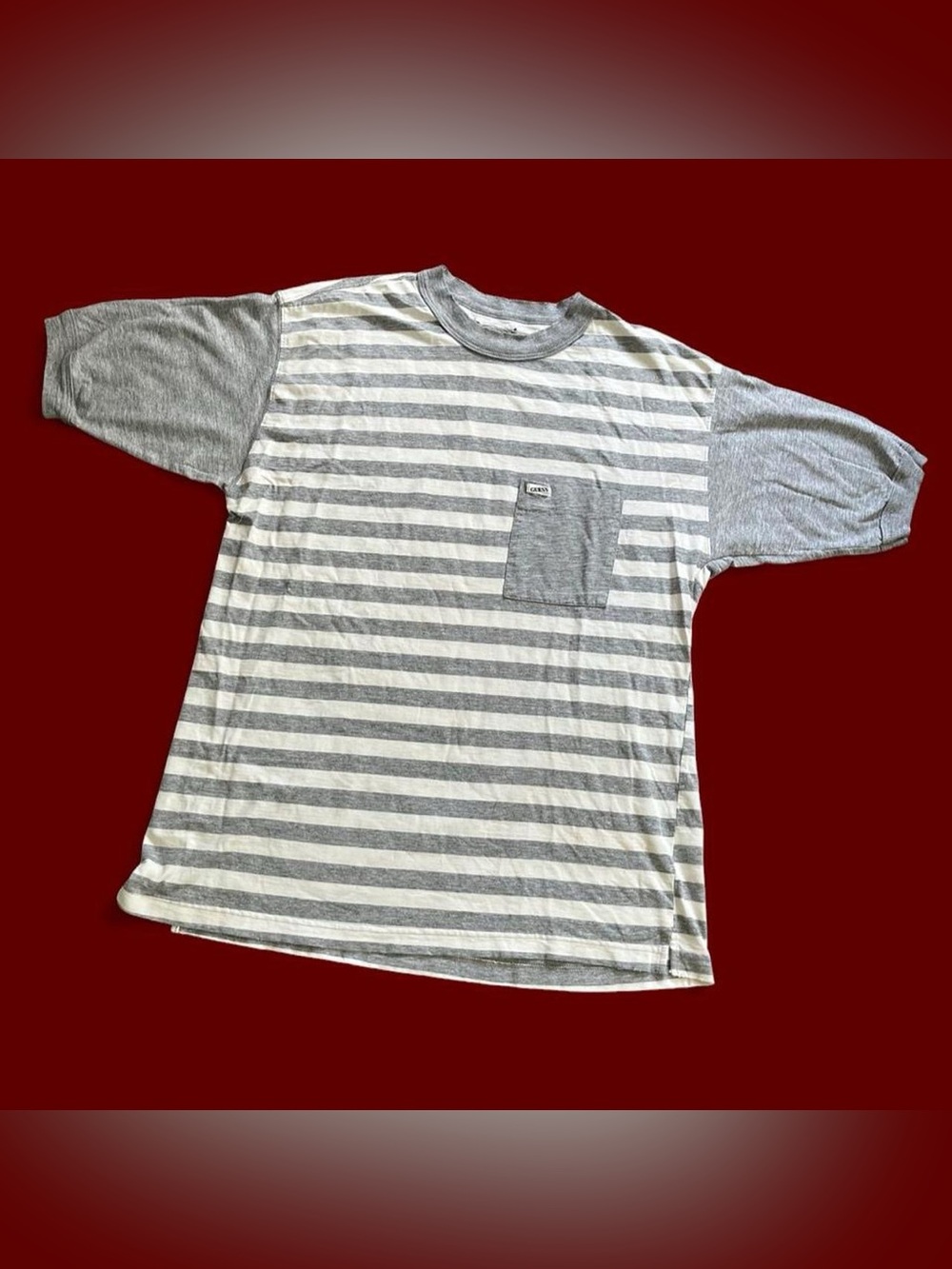 GUESS • 80s Vintage Mens 1986 Grey Striped Football Practice Colorblock T-Shirt